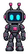 Ohm-1, a pixel robot with a CRT head and boot flames